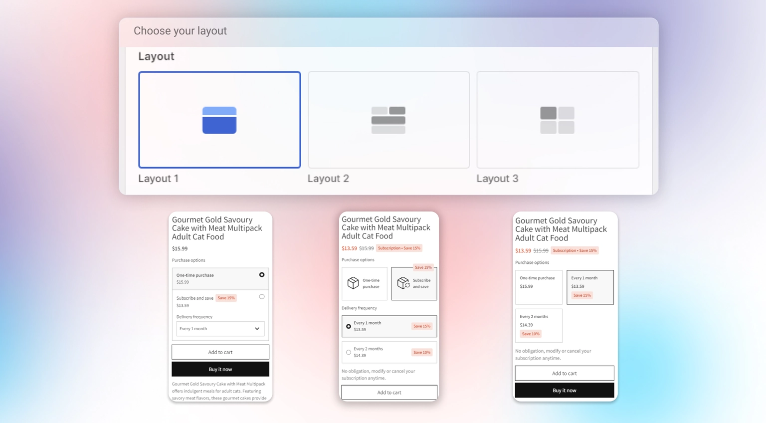 Subscription widget layout options on product pages
